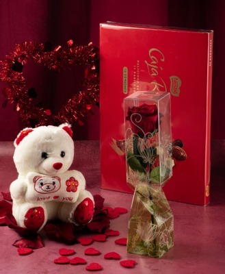 Rosa preservada roja con peluche y bombones